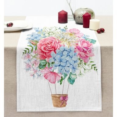 Renkli Çiçek Demetleri Balon Tasarımlı Dikişli Şönil Runner