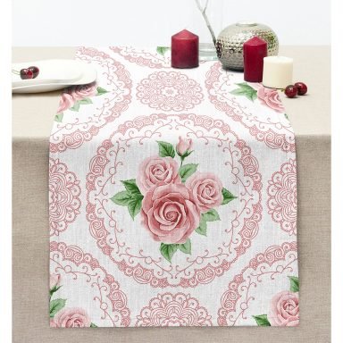 Pudra Damask Tasarımlı Gül Motifli Dikişli Şönil Runner