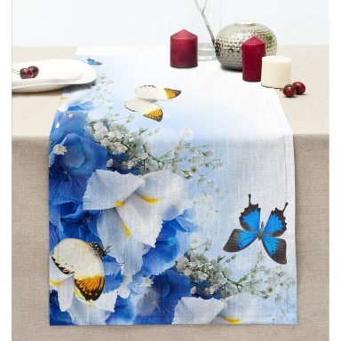 Mavi Kelebek Tasarımlı Dekoratif Dikişli Şönil Runner