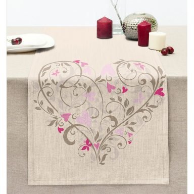 Krem Zemin Kalp Motifli Dijital Baskılı Dikişli Şönil Runner