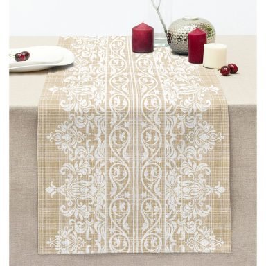 Krem Beyaz Özel Tasarım Motifli Dekoratif Dikişli Şönil Runner