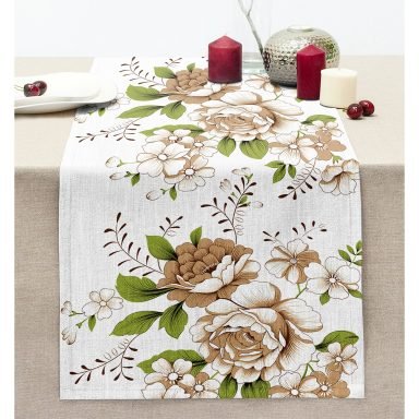 Kahverengi Gül Tasarımlı Dijital Baskılı Dikişli Şönil Runner