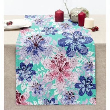 Renkli Gül Motifli Özel Tasarım Dikişli Şönil Runner