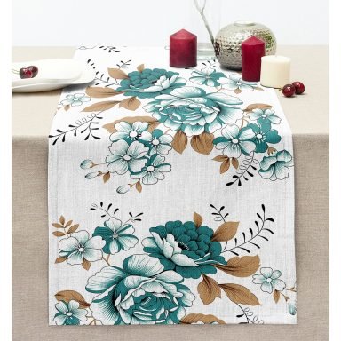 Petrol Mavisi Gül Motifli Dekoratif Dikişli Şönil Runner