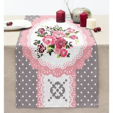 Gül Desenli Özel Tasarım Dekoratif Dikişli Şönil Runner