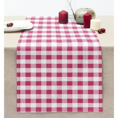 Pembe Ekose Tasarımlı Dijital Baskılı Dekoratif Dikişli Şönil Runner