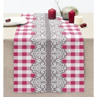 Pembe Ekose Gri Oryantal Motifli Modern Dikişli Şönil Runner