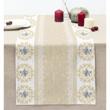 Krem Çizgili Çiçek Detaylı Özel Tasarım Dikişli Şönil Runner