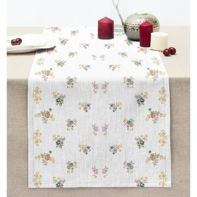 Beyaz Zemin Renkli Gül Motifli Dekoratif Dikişli Şönil Runner