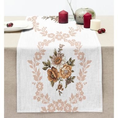 Kahve Gül Motifli Dijital Baskılı Modern Dikişli Şönil Runner