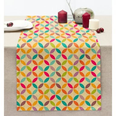 Renkli Oval Pul Tasarımlı Dijital Baskılı Modern Dikişli Şönil Runner